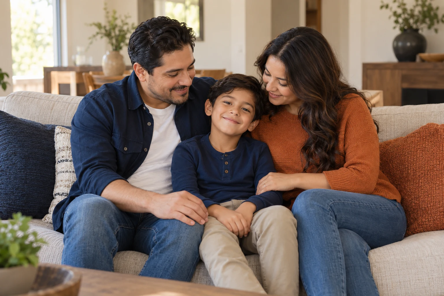 Un papá, una mamá y su hijo comparten un momento de cariño en casa.