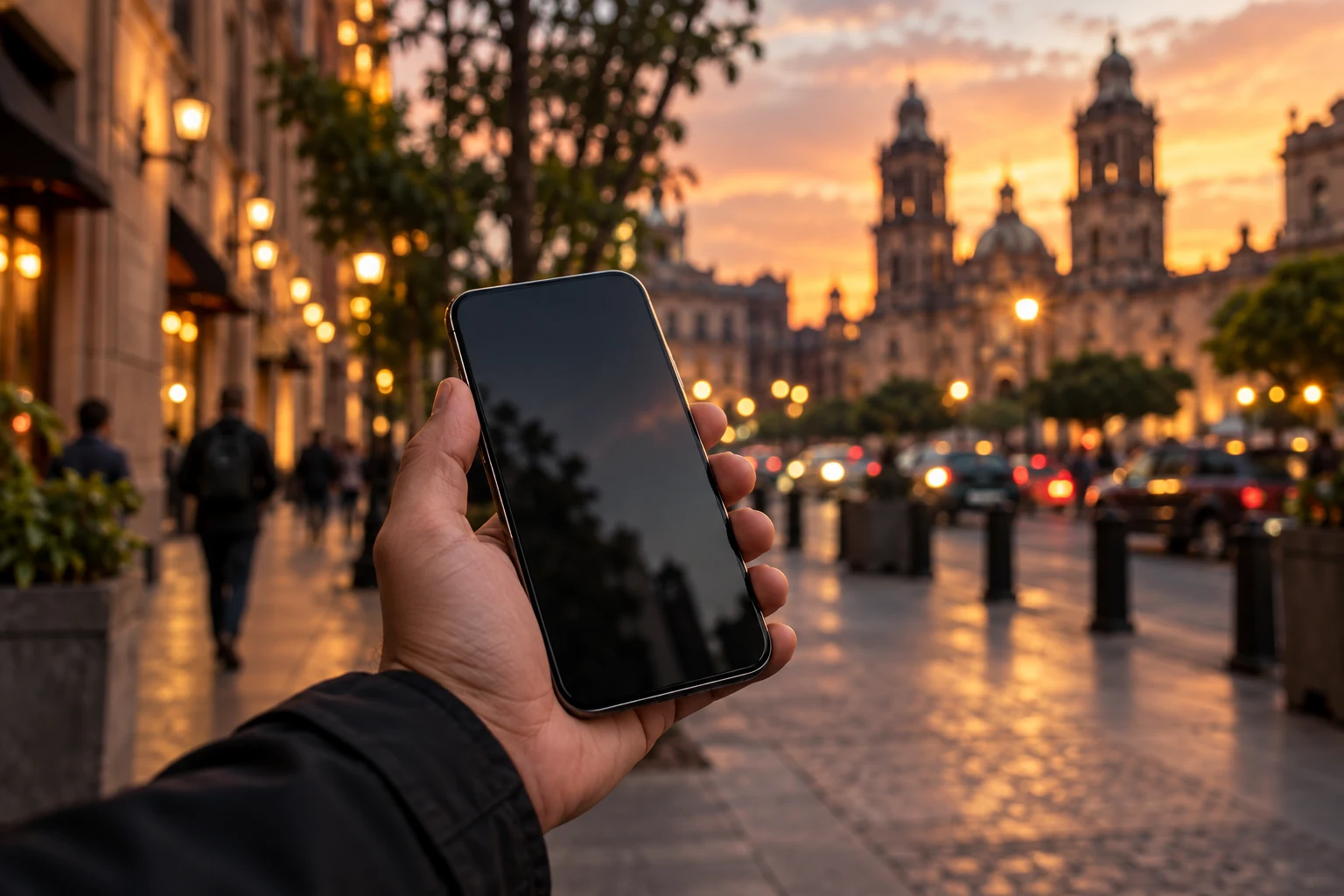 Persona utilizando su teléfono en un entorno urbano